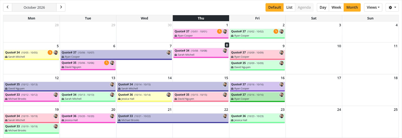 Job Tracker calendar, Month view: jobs running across the days they span